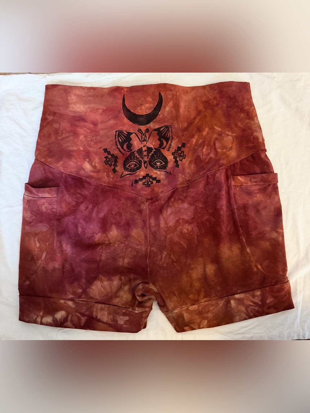 Mad Cat Tie-Dye High-Waist Women's Shorts with Crescent & Butterfly Print